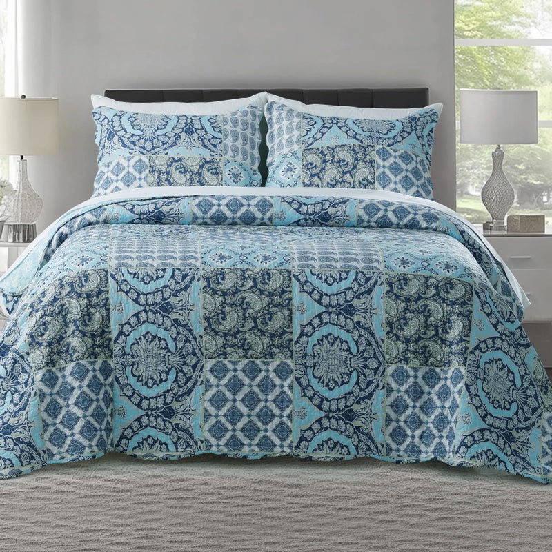 KASENTEX Twin Quilt Set Lightweight Bedspread Coverlet,Country-Chic Printed Pre-Washed Quilt Bedding Set - Microfiber Fabric Quilted Pattern Bedding(Light Blue Paisley, 86x68) - Image 2